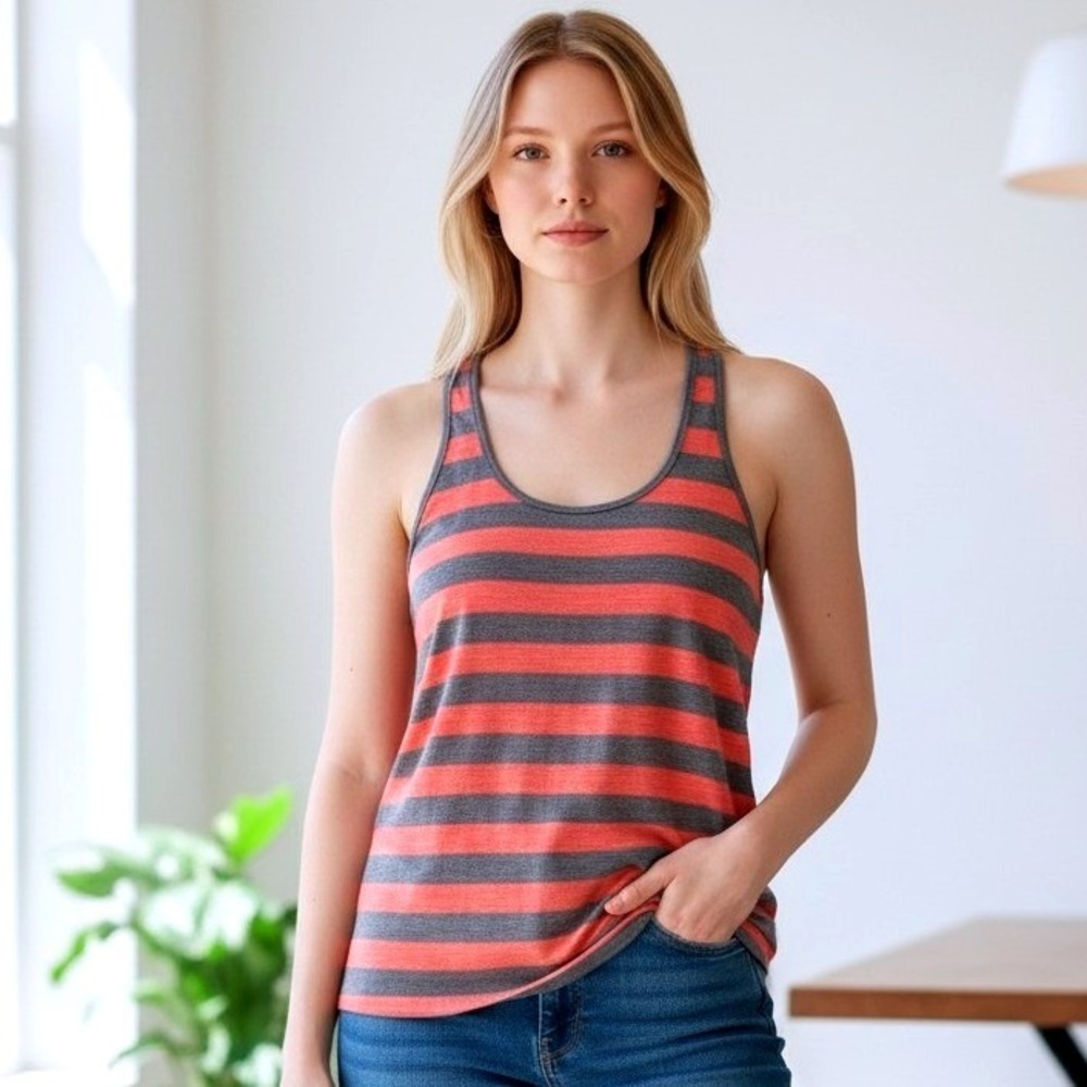 Vixen Women's Large Pink Charcoal Striped Tank Top Racerback 2000s E-Girl Cotton